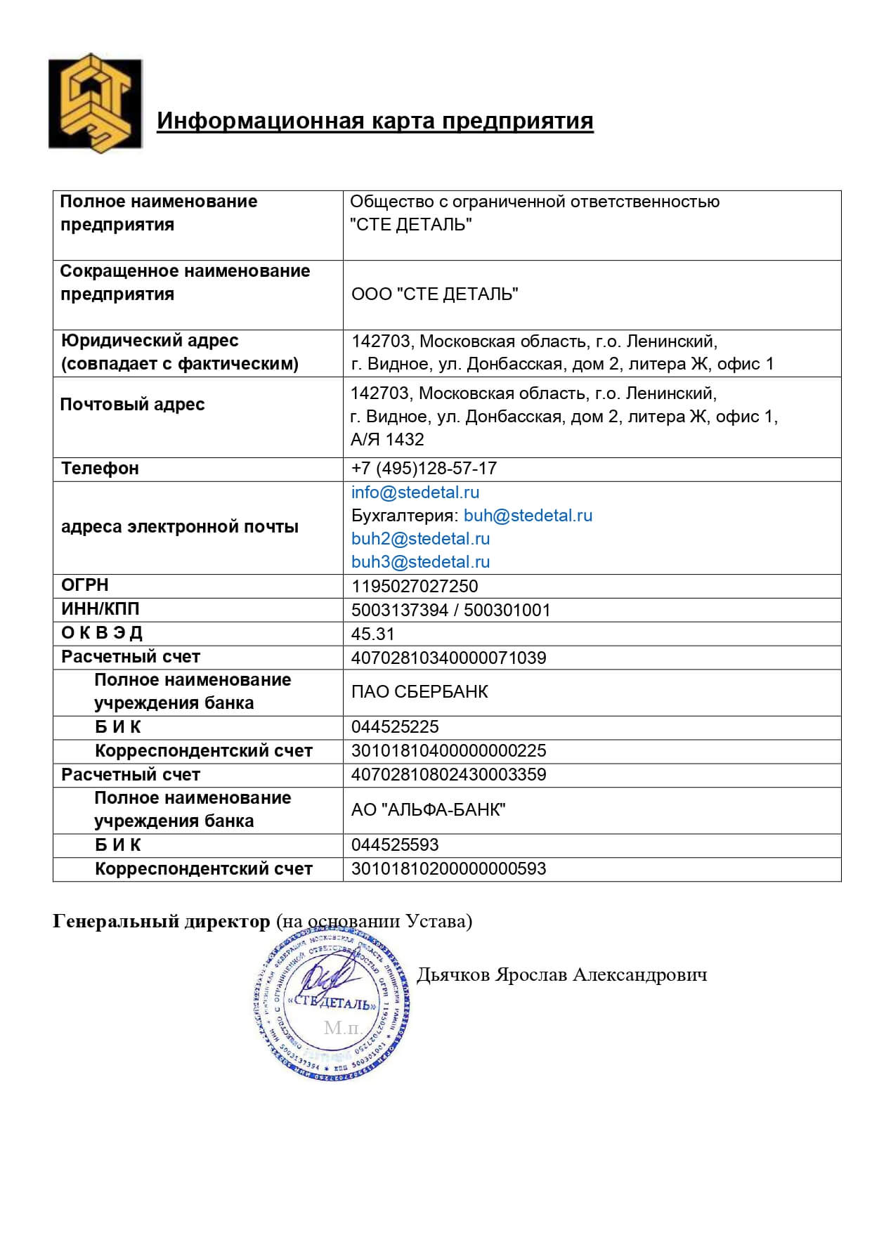 Информационная карта предприятия